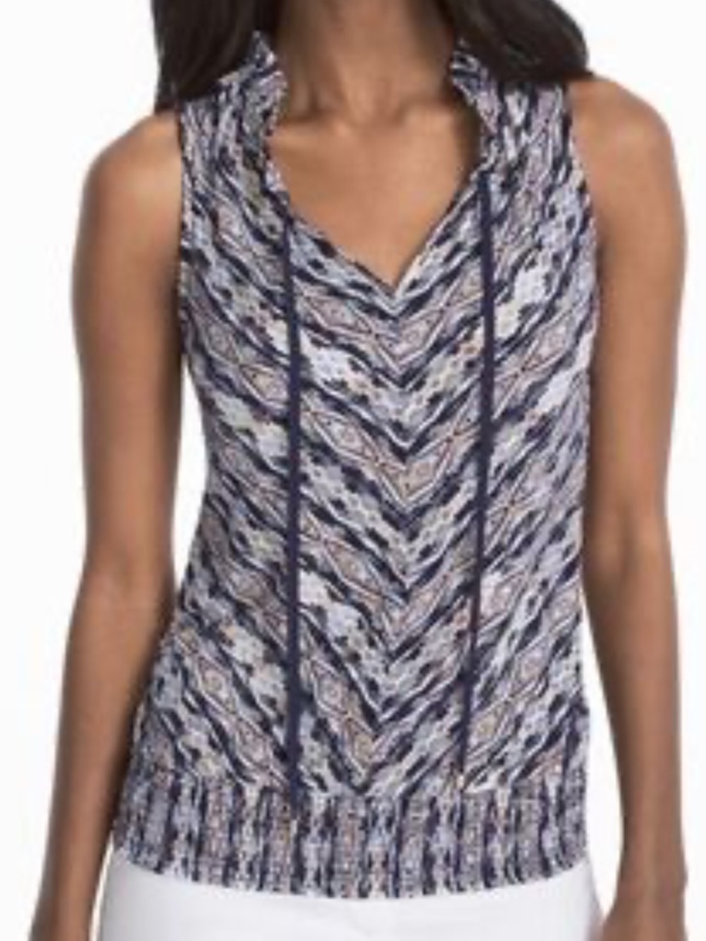 White House Black Market Women SZ S Ruffled Tie Neck Sleeveless Banded Waist Top